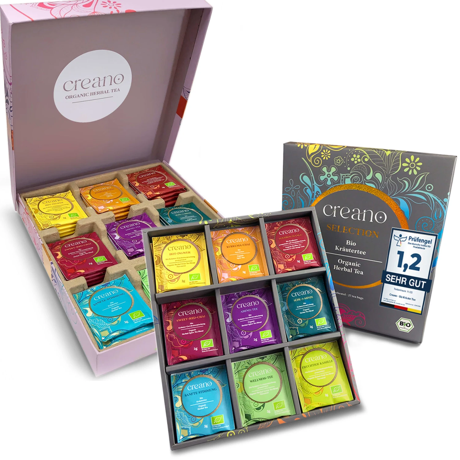 Set 45er + 27er BIO GESCHENK-BOX "Kräuter-Früchte -TEE" Teebeutel In 9 Sorten 3 Set 45er + 27er BIO GESCHENK-BOX "Kräuter-Früchte -TEE" Teebeutel In 9 Sorten