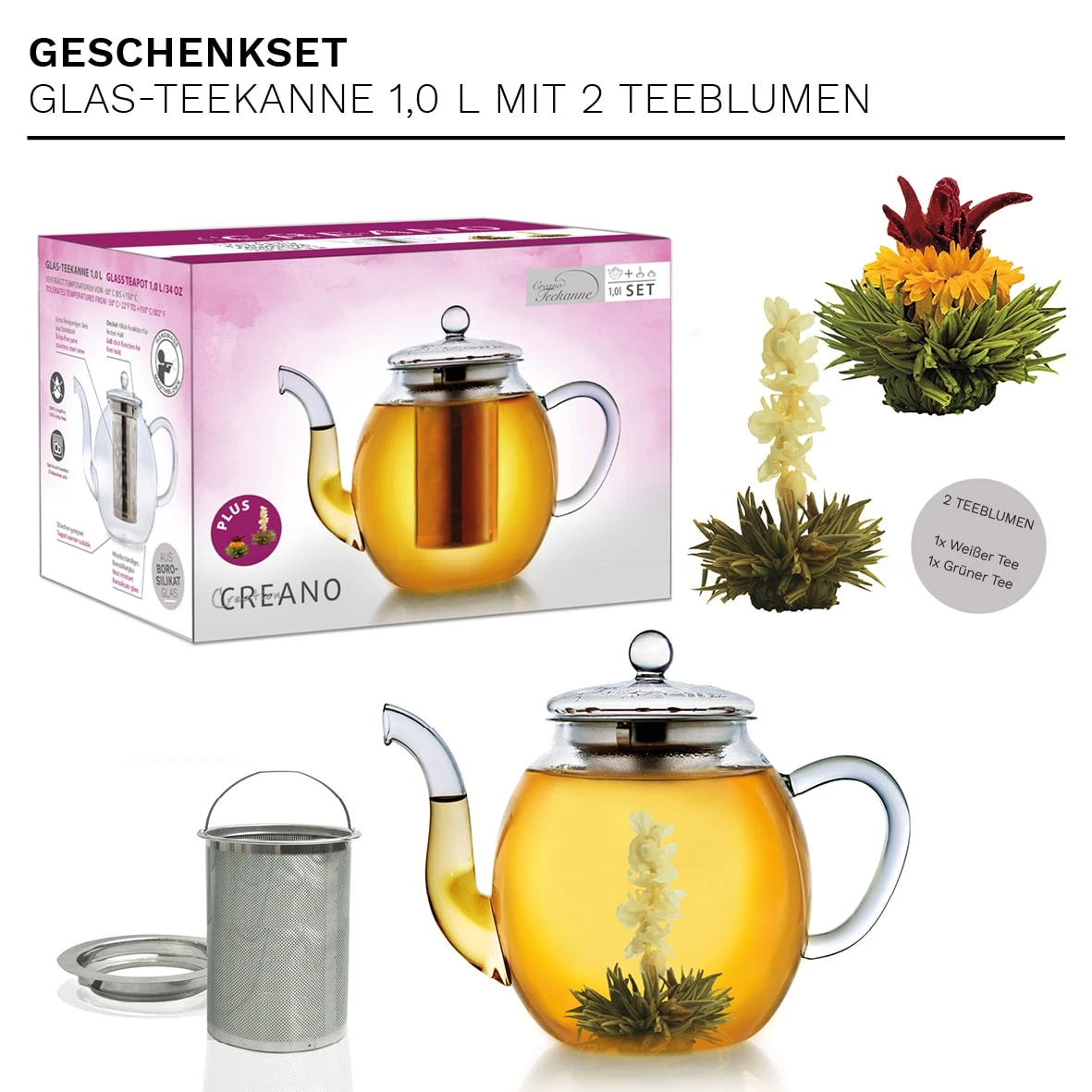 Teekannen-Geschenkset 1x Teekanne 1.0l Inkl. 2 Teeblumen Grüner + Weißer Tee 4 Teekannen-Geschenkset 1x Teekanne 1.0l Inkl. 2 Teeblumen Grüner + Weißer Tee – Bild 2