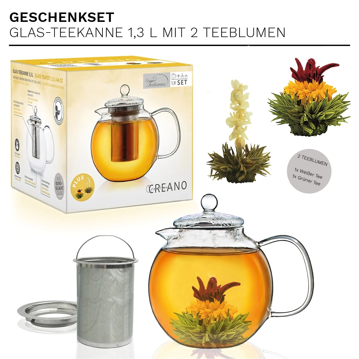 Teekannen-Geschenkset 1x Teekanne 1.3l Inkl. 2 Teeblumen Grüner + Weißer Tee 4 Teekannen-Geschenkset 1x Teekanne 1.3l Inkl. 2 Teeblumen Grüner + Weißer Tee – Bild 2
