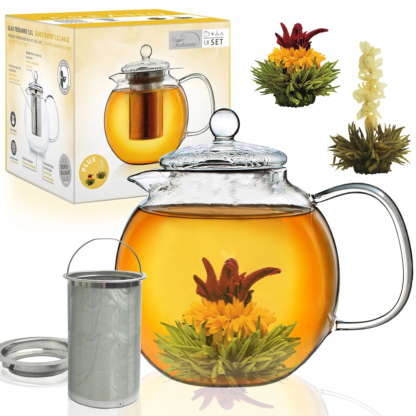 Teekannen-Geschenkset 1x Teekanne 1.3l Inkl. 2 Teeblumen Grüner + Weißer Tee 3 Teekannen-Geschenkset 1x Teekanne 1.3l Inkl. 2 Teeblumen Grüner + Weißer Tee