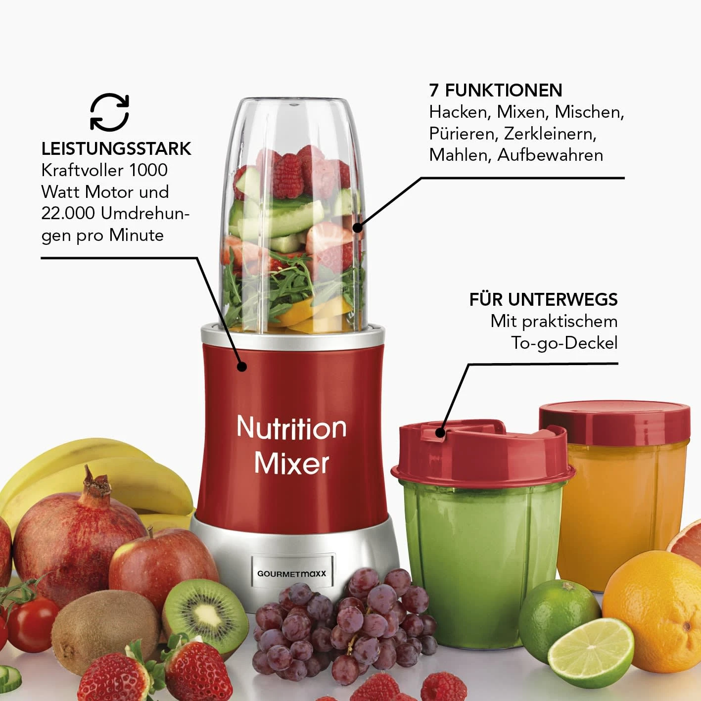 GOURMETmaxx Nutrition Mixer Deluxe - Edelstahl/rot 6 GOURMETmaxx Nutrition Mixer Deluxe - Edelstahl/rot – Bild 4