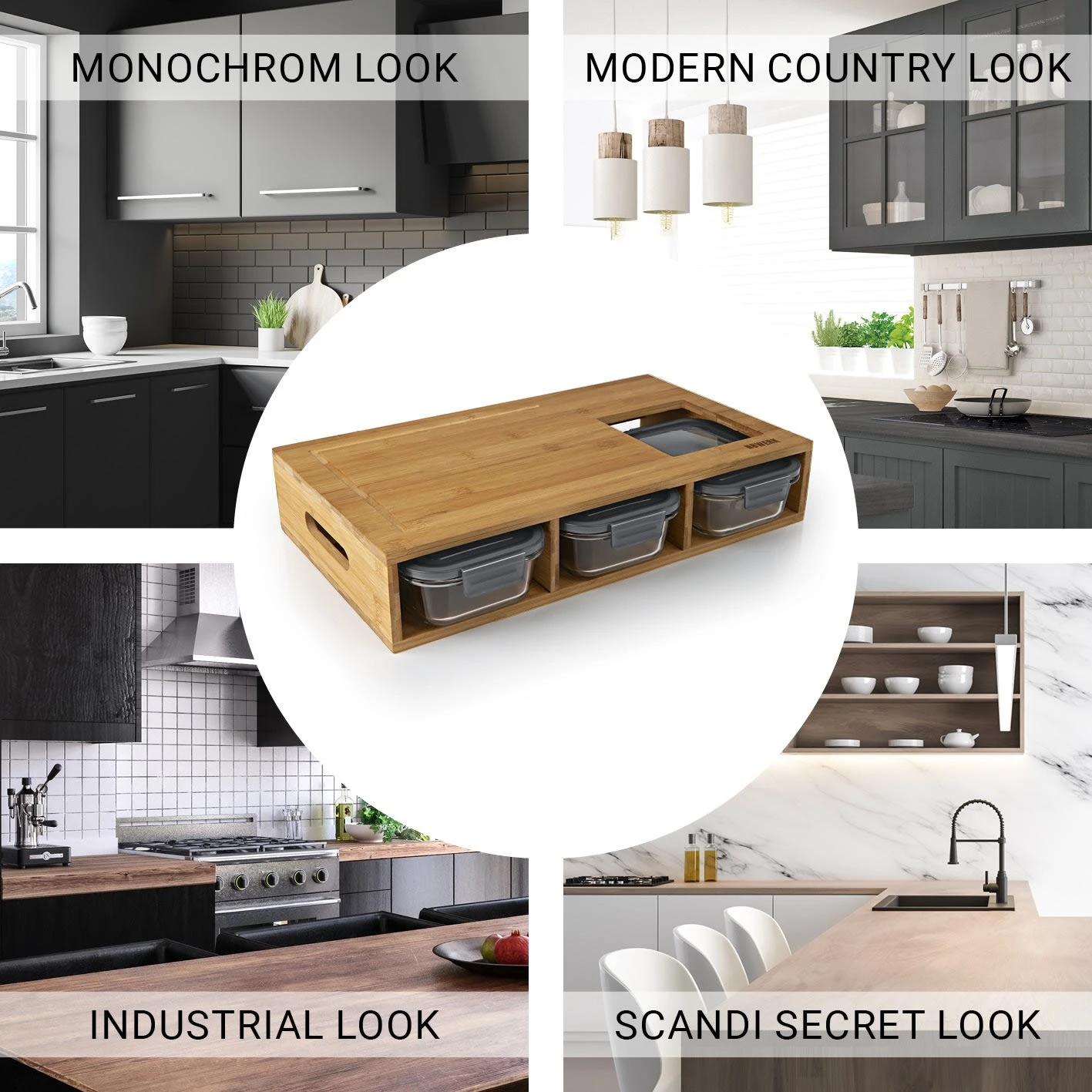 Schneidebrett Bambus Küchenbrett Set Holz Brett Auffangschalen Frischhaltedosen 4 Schneidebrett Bambus Küchenbrett Set Holz Brett Auffangschalen Frischhaltedosen – Bild 2