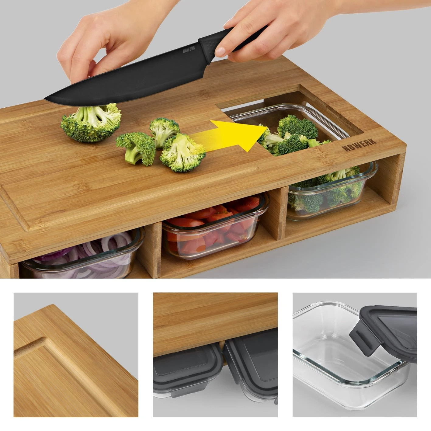 Schneidebrett Bambus Küchenbrett Set Holz Brett Auffangschalen Frischhaltedosen 6 Schneidebrett Bambus Küchenbrett Set Holz Brett Auffangschalen Frischhaltedosen – Bild 4