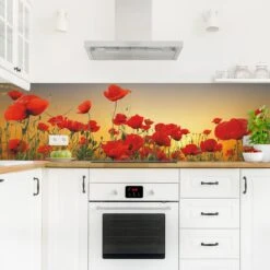 Küchenrückwand - Mohnblumenfeld Im Sonnenuntergang In Rot -Küchenzubehör wallart kuchenruckwand mohnblumenfeld im sonnenuntergang in rot 2